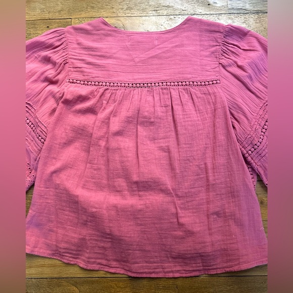 LUCKY BRAND Raspberry Pink Puff Sleeve Blouse with Tassel Tie in the Front Boho - Picture 6 of 12